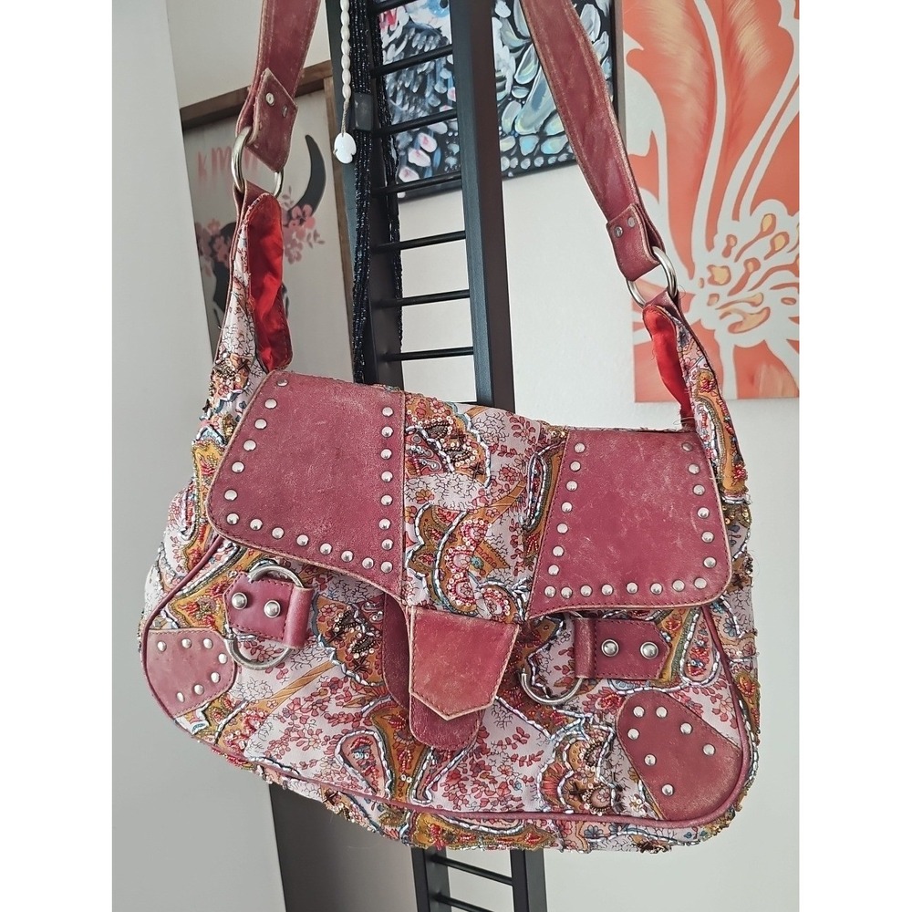 RAJ Shoulder Bag Paisley Print Beaded Studded Accents Boho Chic Purse